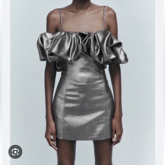 Zara Metallic Pewter Silver Voluminous Mini Dress